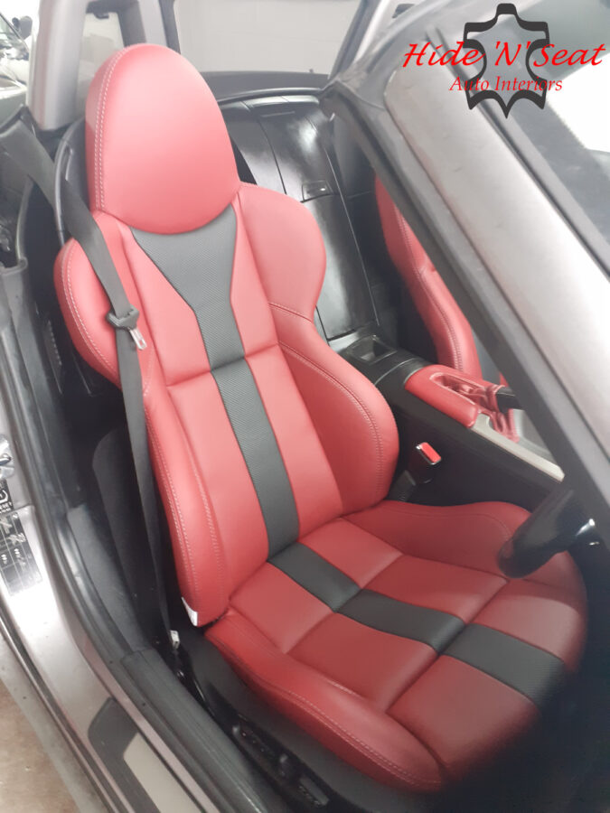 BMW E85 Z4 Roadster M Sport seats trimmed in Andrew Muirhead Ruby leather with perforated black inserts.
