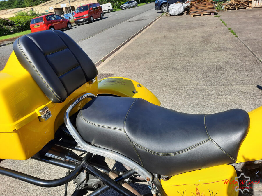 Yamaha Virago trike seat trimmed in marine-grade vinyl.