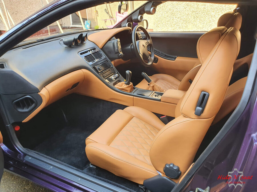 Nissan 300ZX Z32 2+0 retrimmed in Andrew Muirhead Cognac leather hide.